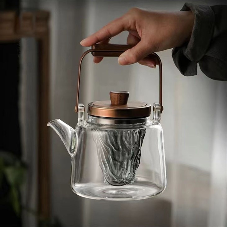 Glass Teapot Stovetop Microwave Safe, 30oz/900ml Glass Tea Kettle With Black Walnut Lid And Removable Filter, Teapot With Special Mountain Shaped Filter Glass For Tea And Fruit Tea